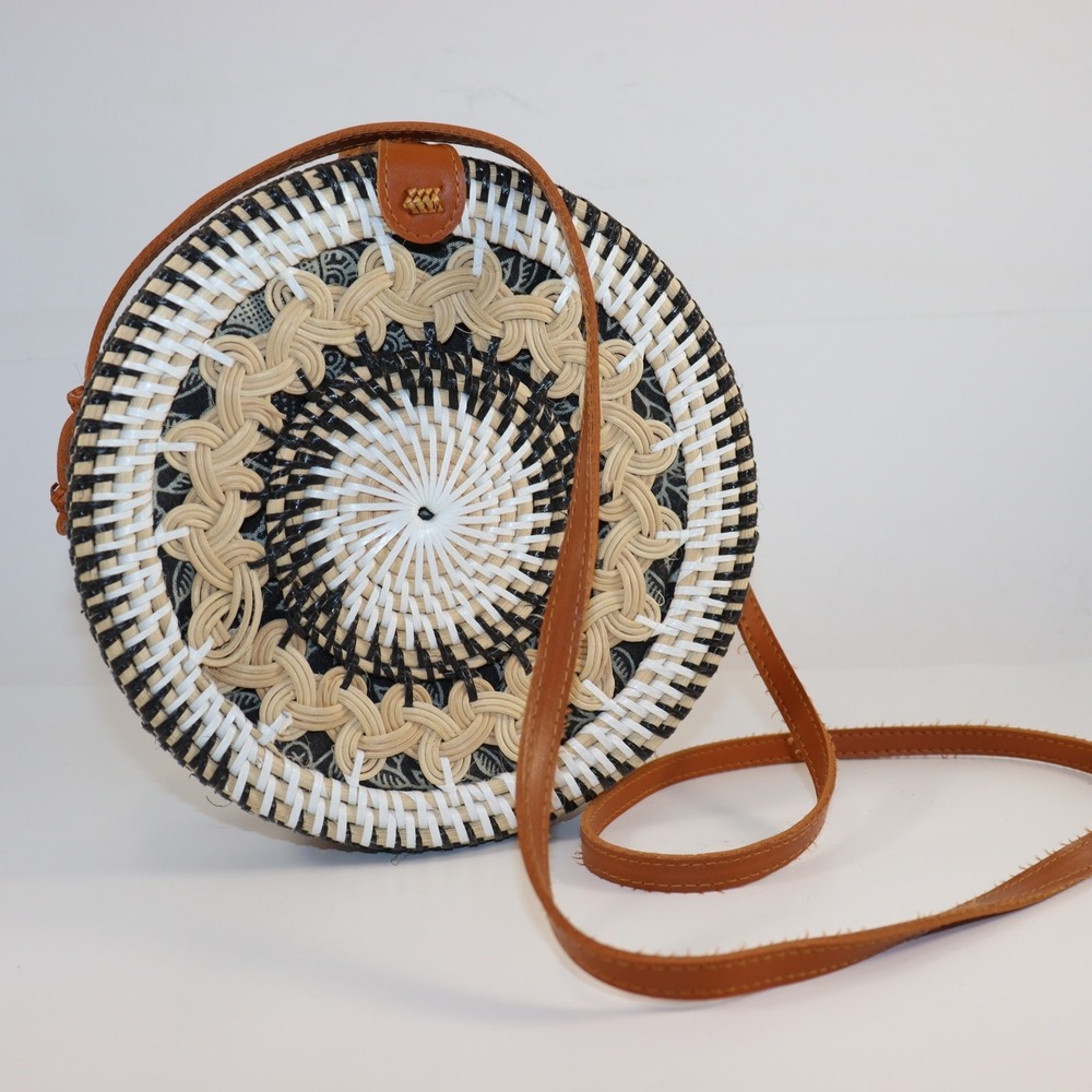 Round Woven Rattan Crossbody Bag with Vegan Leather Strap
